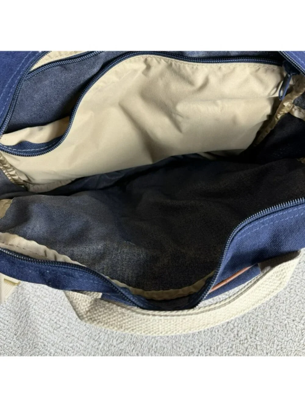 Vintage L.L. Bean Deluxe Duffel Bag Leather Trim Blue Brown